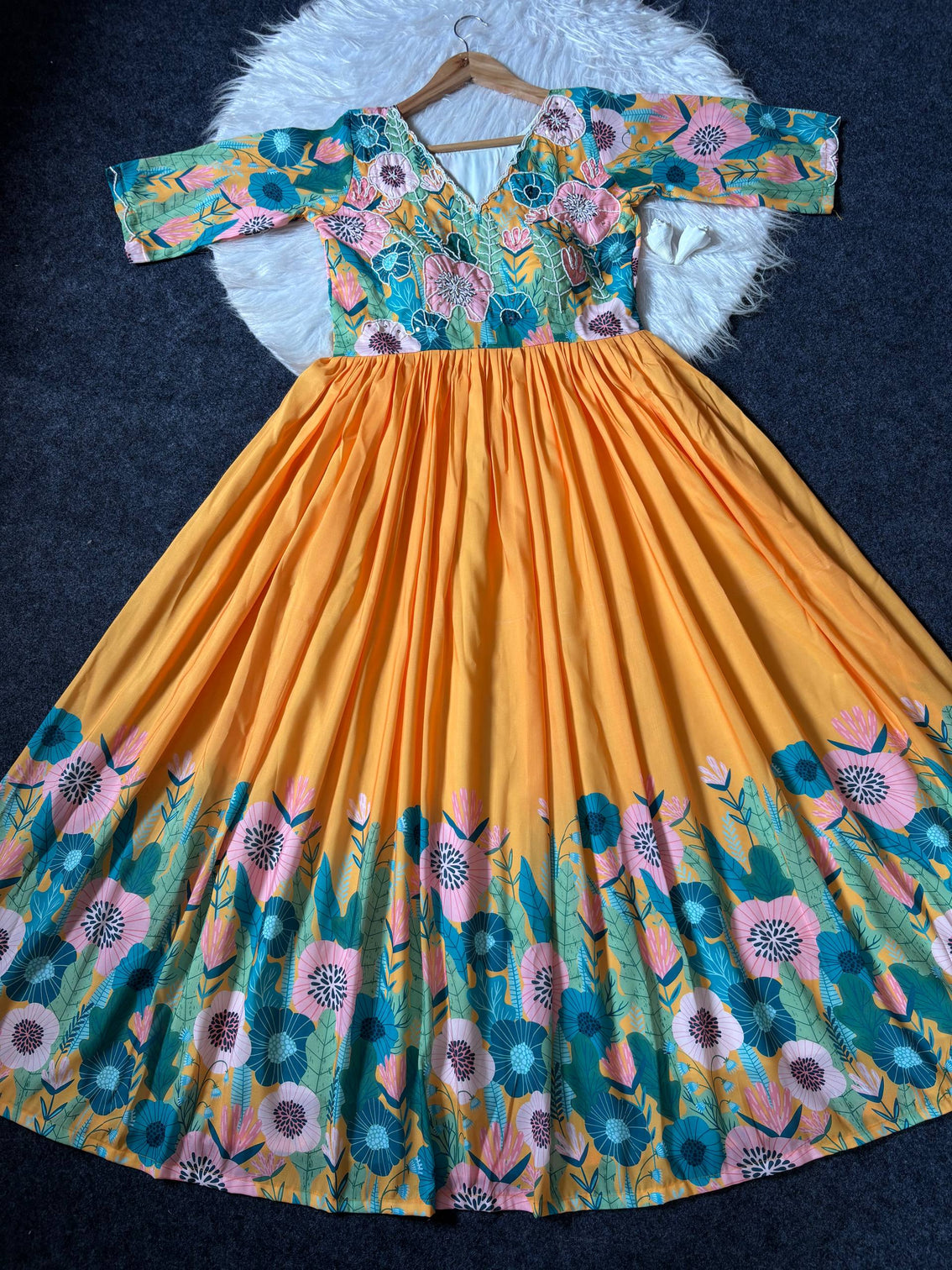 Mustard floral printed maslin gown with khatli handwork elegant ethnic wear gown for women