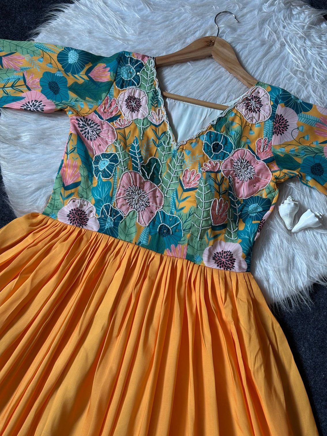 Mustard floral printed maslin gown with khatli handwork elegant ethnic wear gown for women