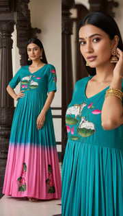 Designer peacock green to pink ombre maslin gown with lotus motif print hand khatli work mameraa
