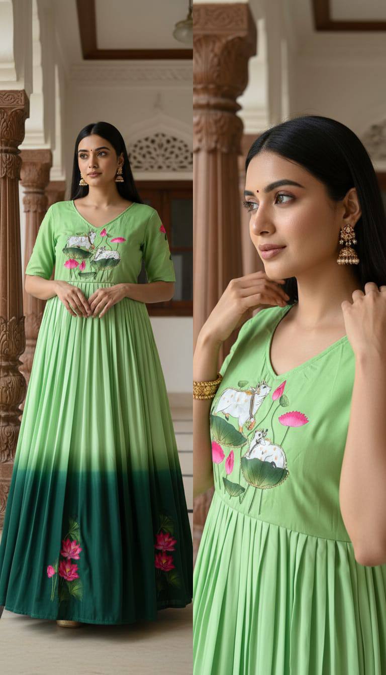 Elegant ombre green maslin gown with lotus floral print traditional khatli handwork mameraa