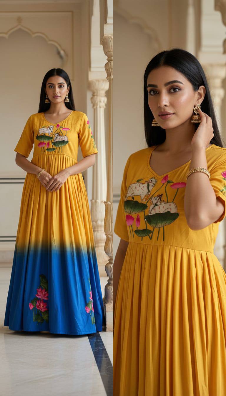Mustard yellow royal blue ombre maslin anarkali gown with lotus print khatli handwork mameraa