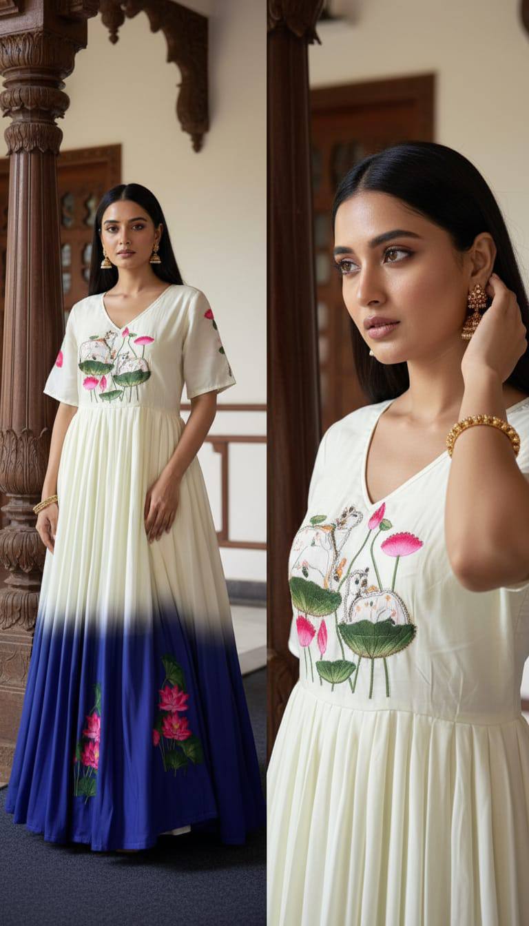 Elegant cream to royal blue ombre maslin gown with lotus motif print hand khatli work mameraa