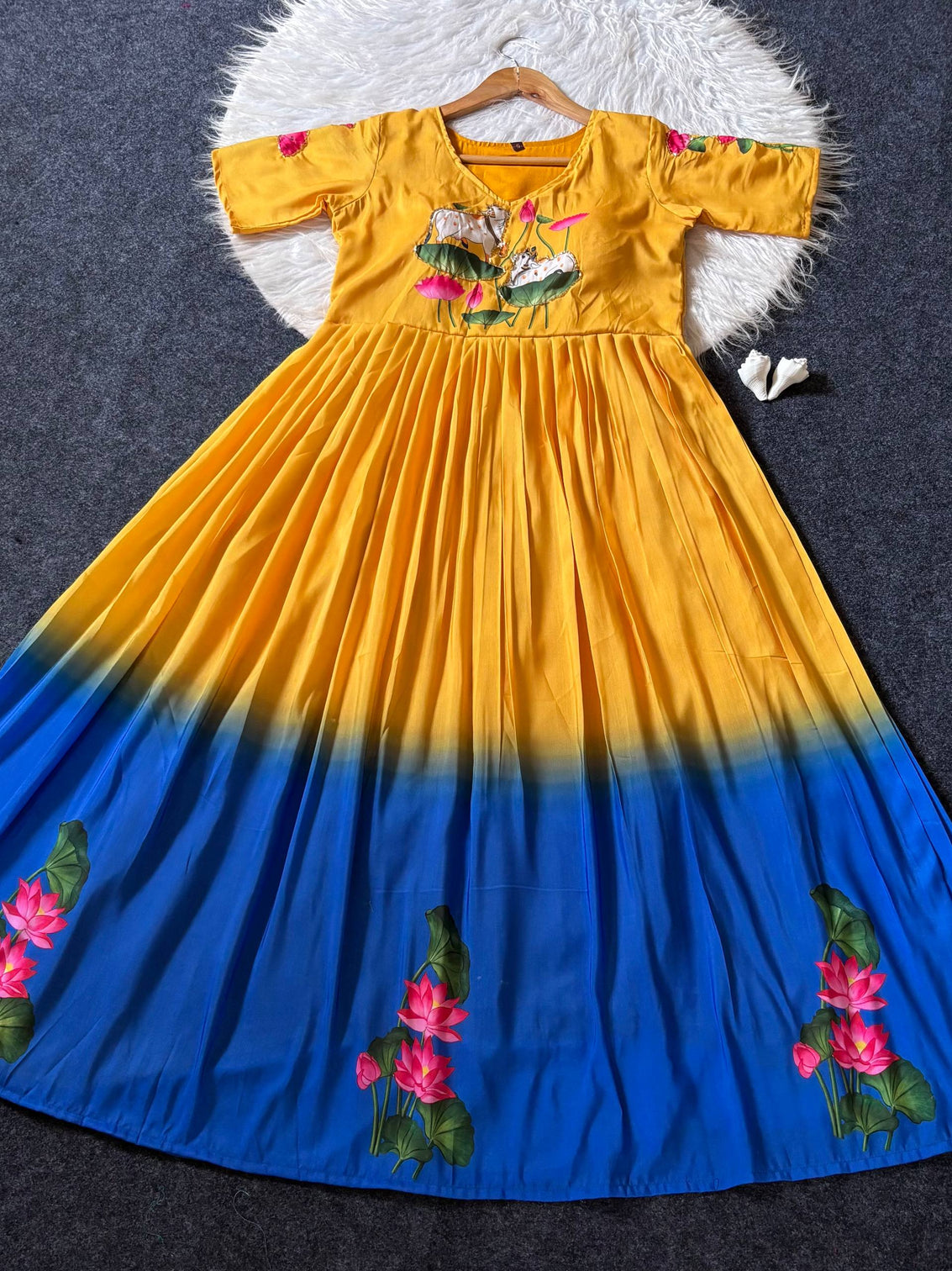 Mustard yellow royal blue ombre maslin anarkali gown with lotus print khatli handwork