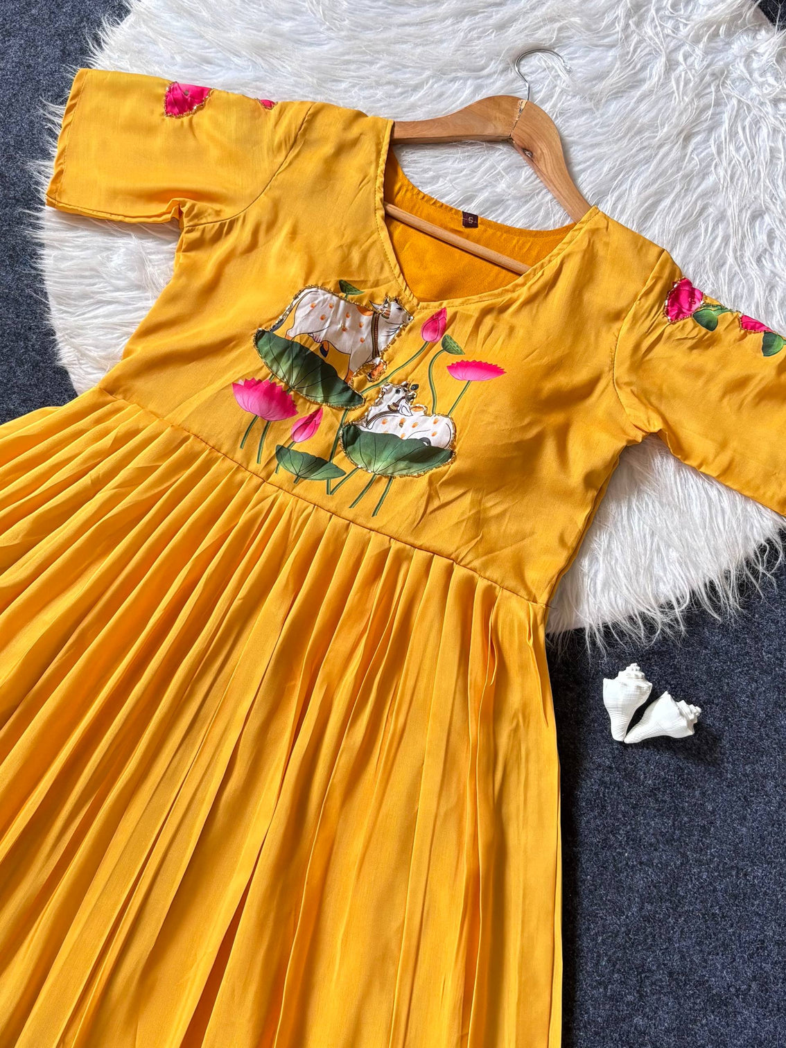 Mustard yellow royal blue ombre maslin anarkali gown with lotus print khatli handwork