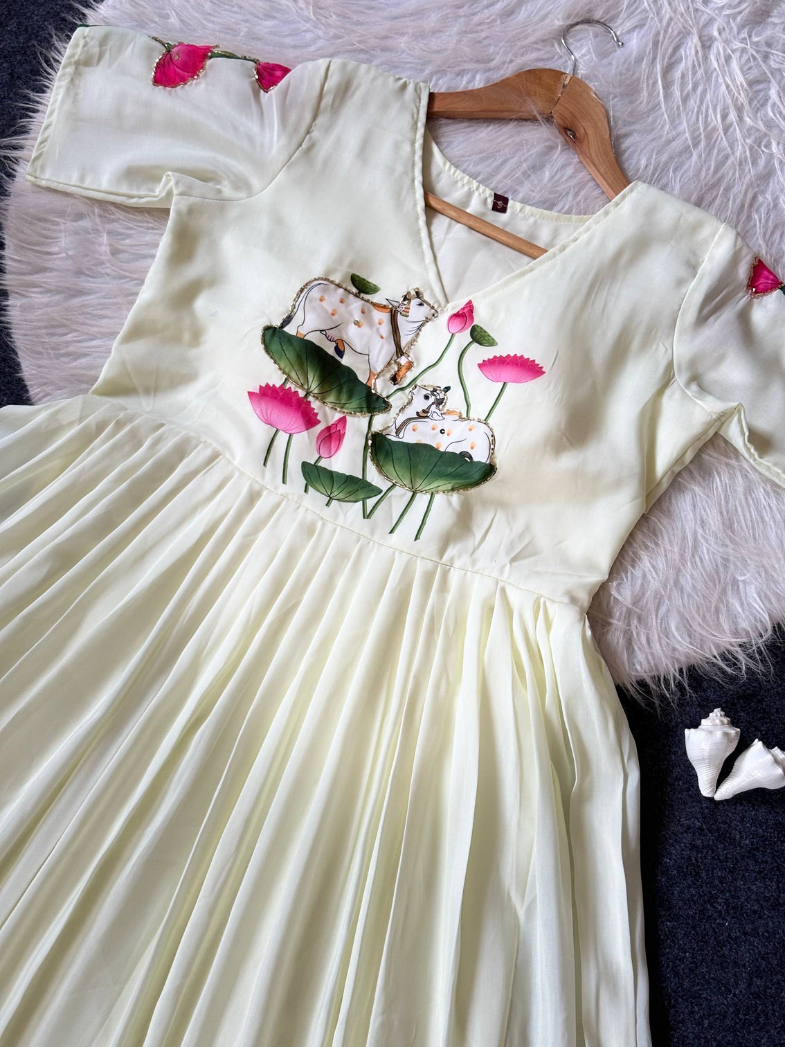Elegant cream to royal blue ombre maslin gown with lotus motif print hand khatli work