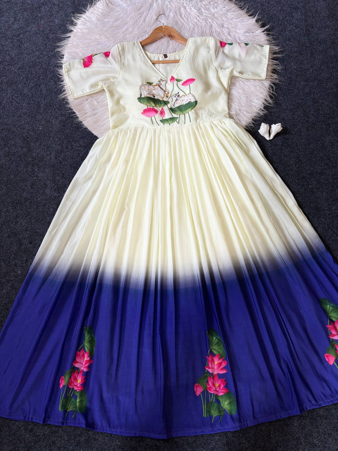Elegant cream to royal blue ombre maslin gown with lotus motif print hand khatli work