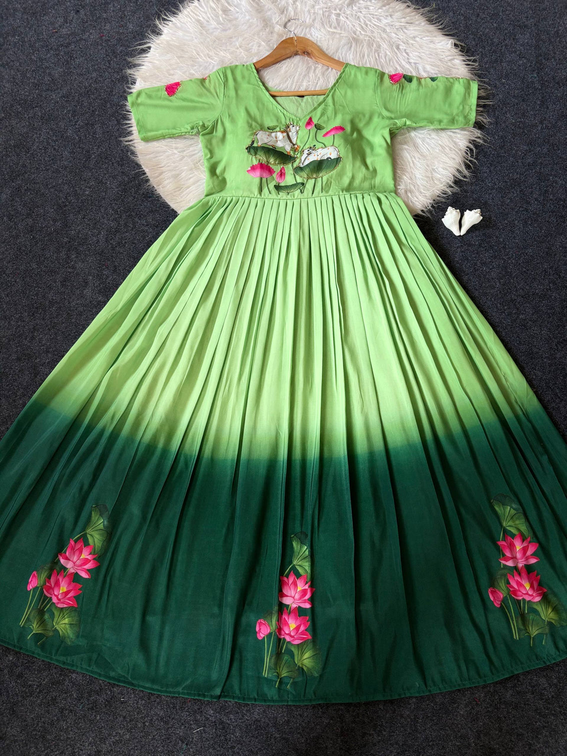 Elegant ombre green maslin gown with lotus floral print traditional khatli handwork
