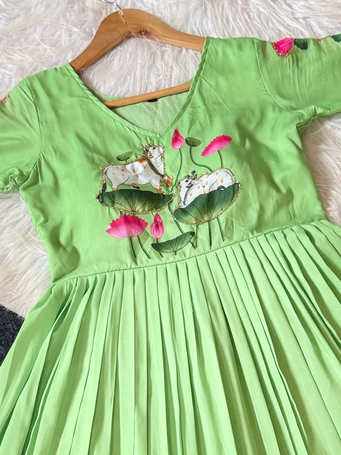 Elegant ombre green maslin gown with lotus floral print traditional khatli handwork