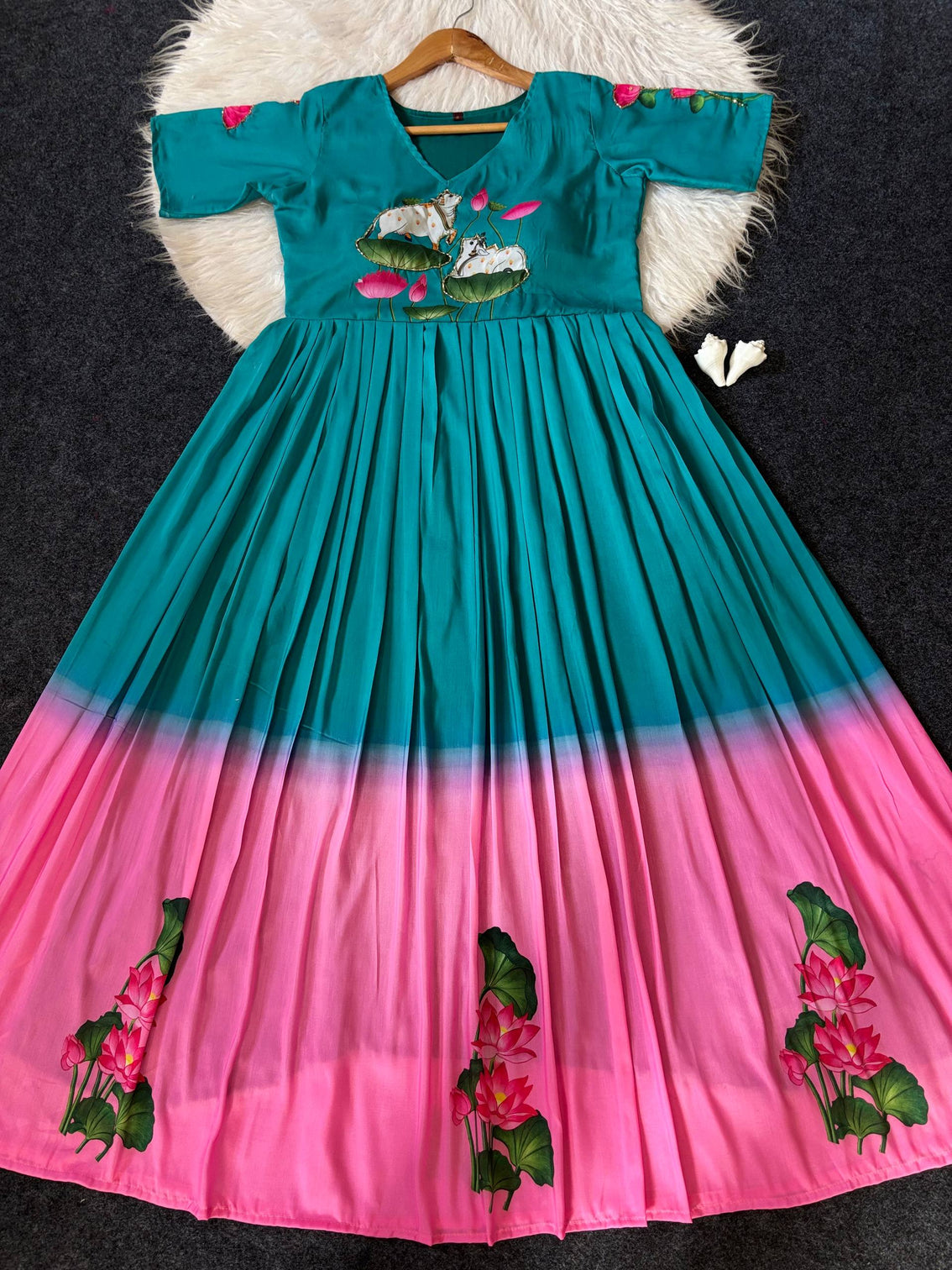 Designer peacock green to pink ombre maslin gown with lotus motif print hand khatli work