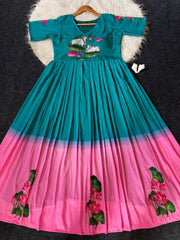 Designer peacock green to pink ombre maslin gown with lotus motif print hand khatli work