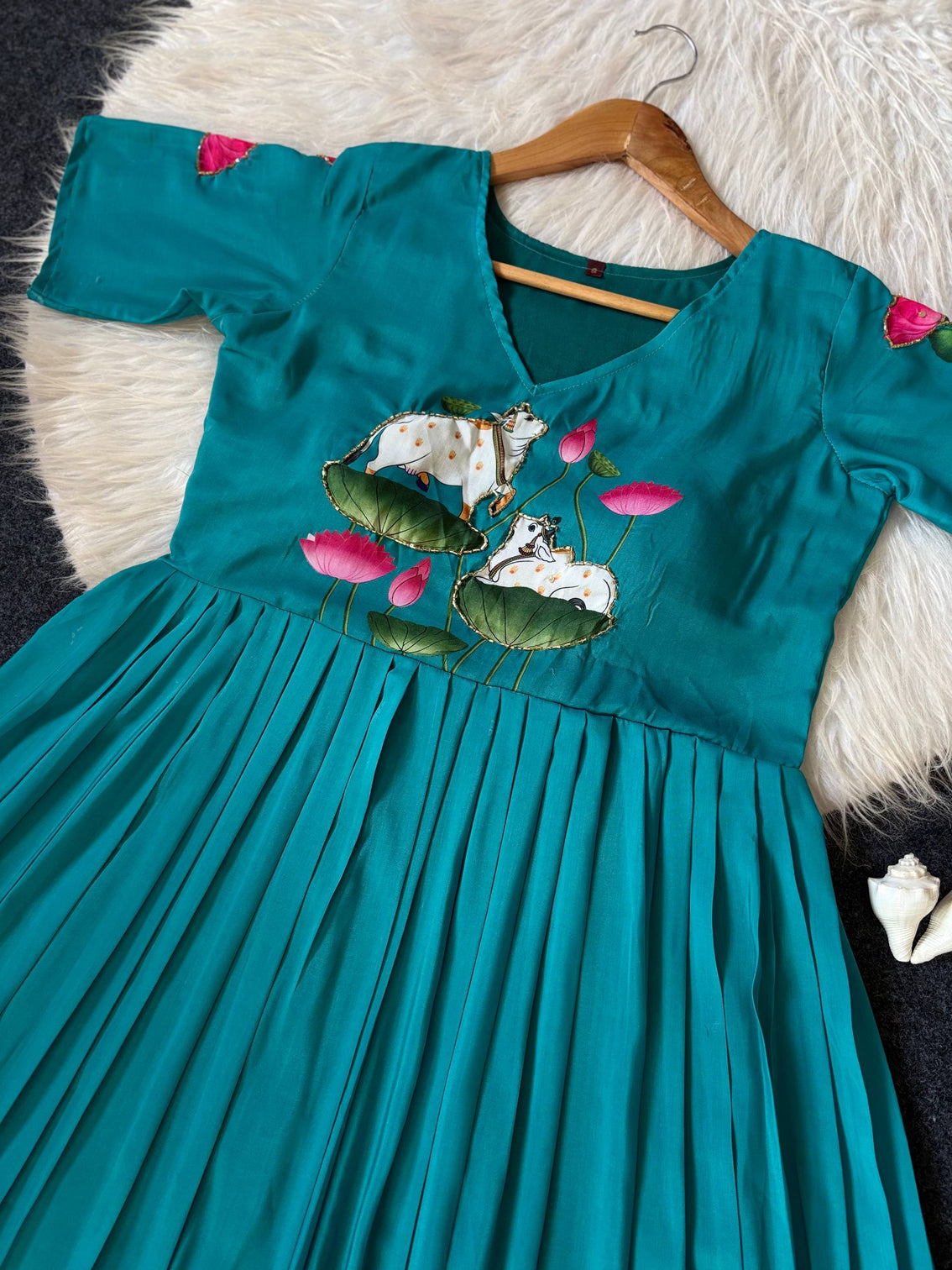 Designer peacock green to pink ombre maslin gown with lotus motif print hand khatli work