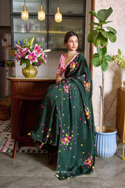 Dark green soft tabi floral saree with cut dana handwork mameraa