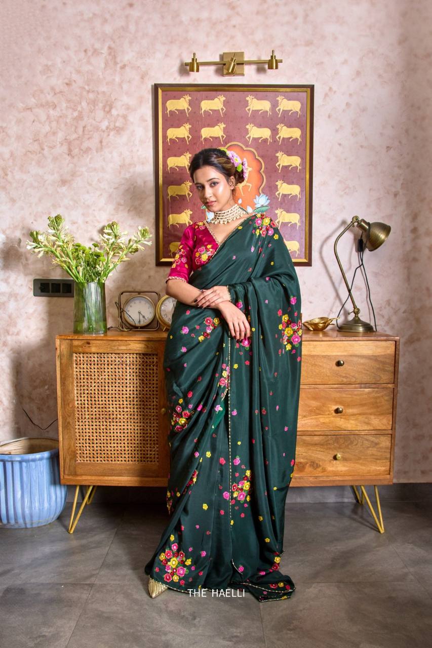 Dark green soft tabi floral saree with cut dana handwork