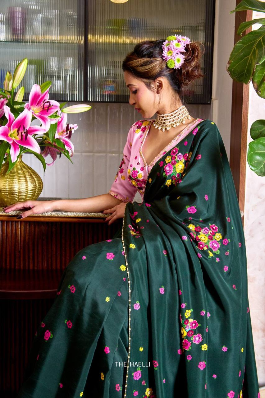 Dark green soft tabi floral saree with cut dana handwork