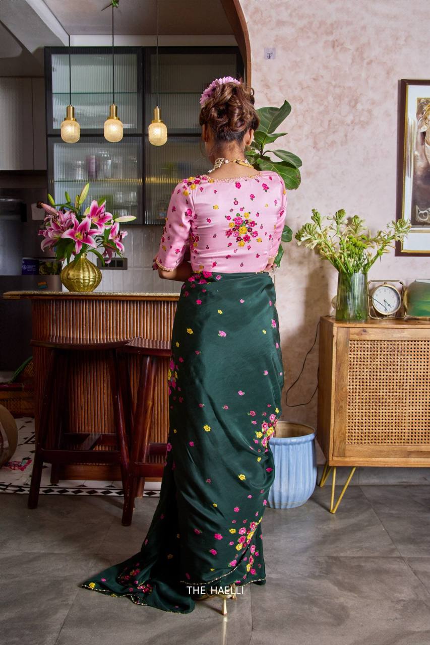 Dark green soft tabi floral saree with cut dana handwork