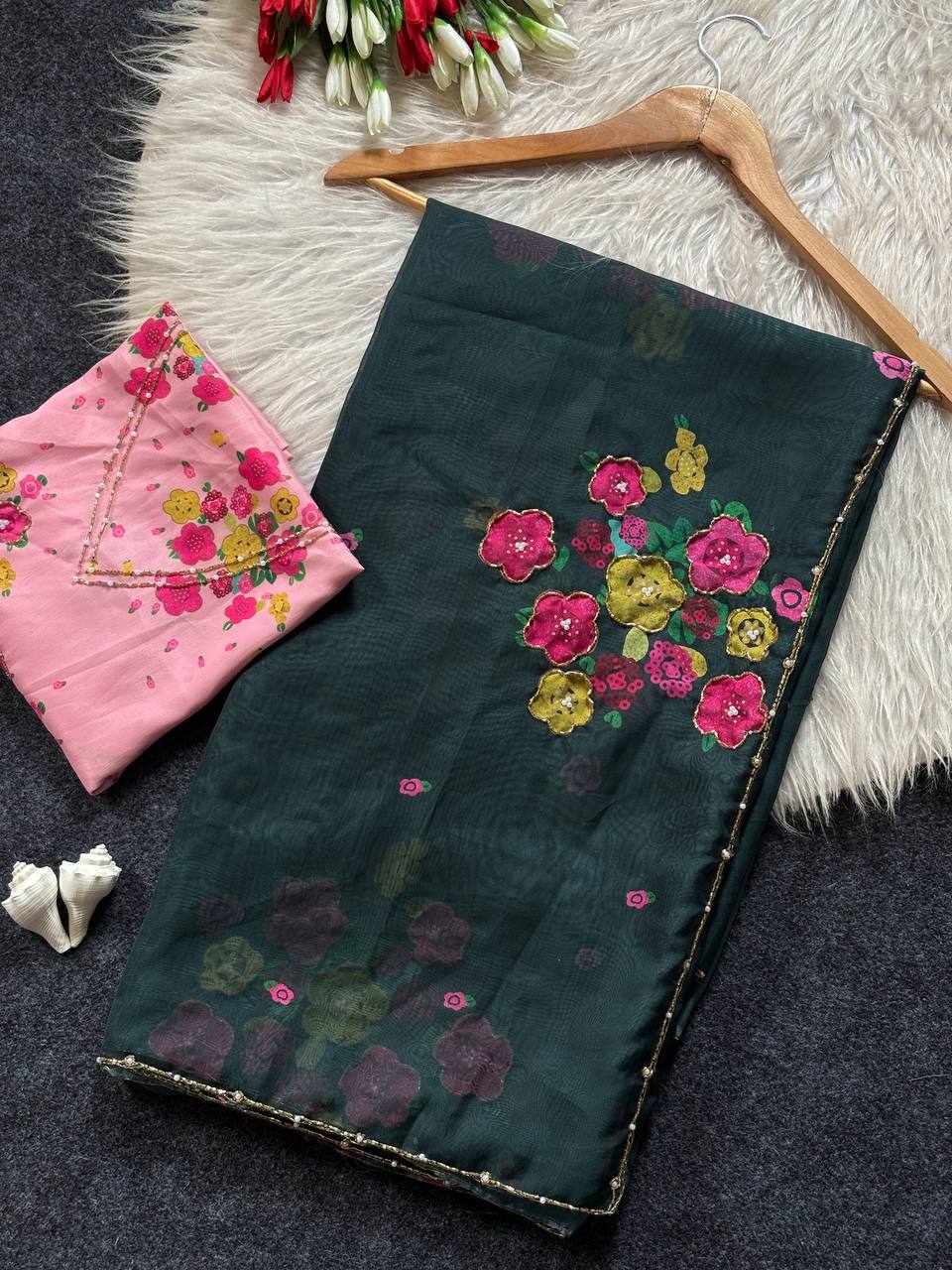 Dark green soft tabi floral saree with cut dana handwork