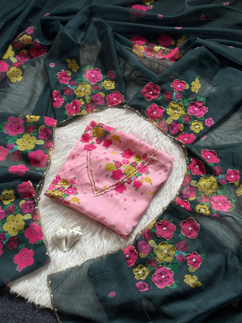 Dark green soft tabi floral saree with cut dana handwork