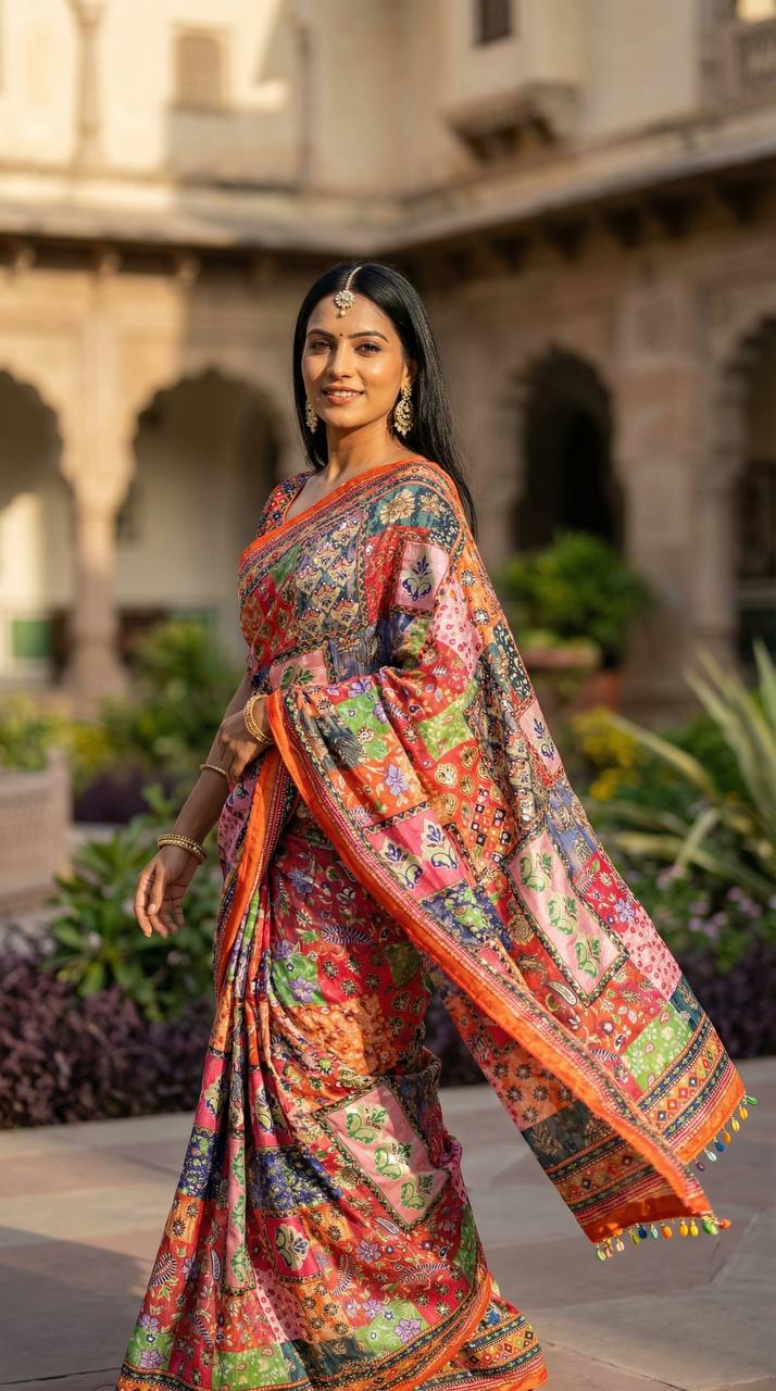 Traditional patch print roman silk saree with real mirror embellishments