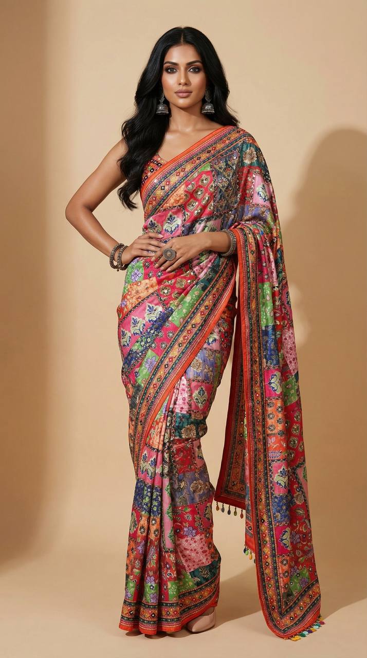 Traditional patch print roman silk saree with real mirror embellishments mameraa