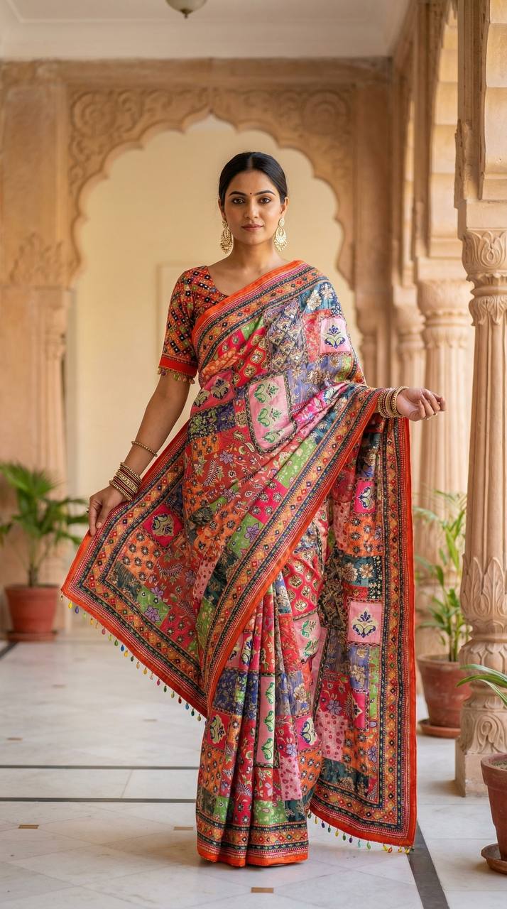 Traditional patch print roman silk saree with real mirror embellishments