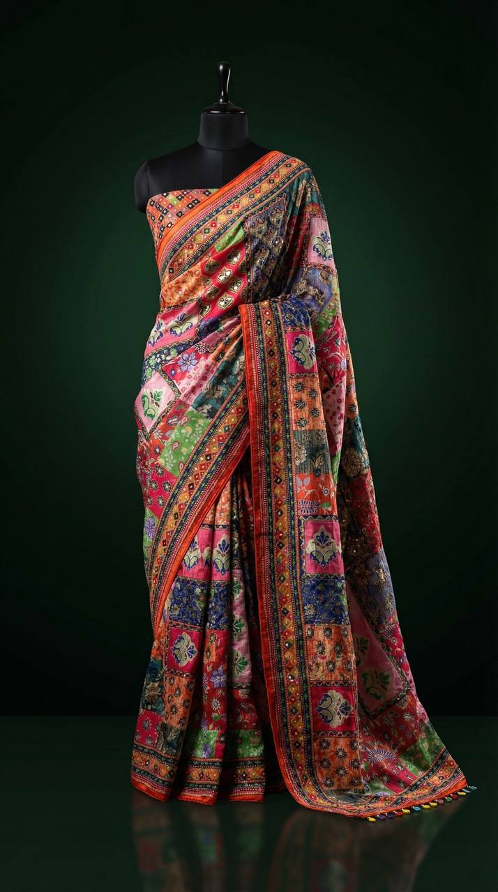 Traditional patch print roman silk saree with real mirror embellishments