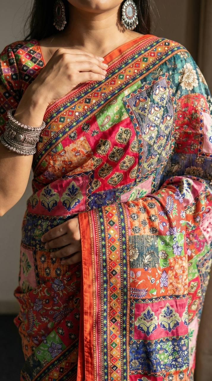 Traditional patch print roman silk saree with real mirror embellishments