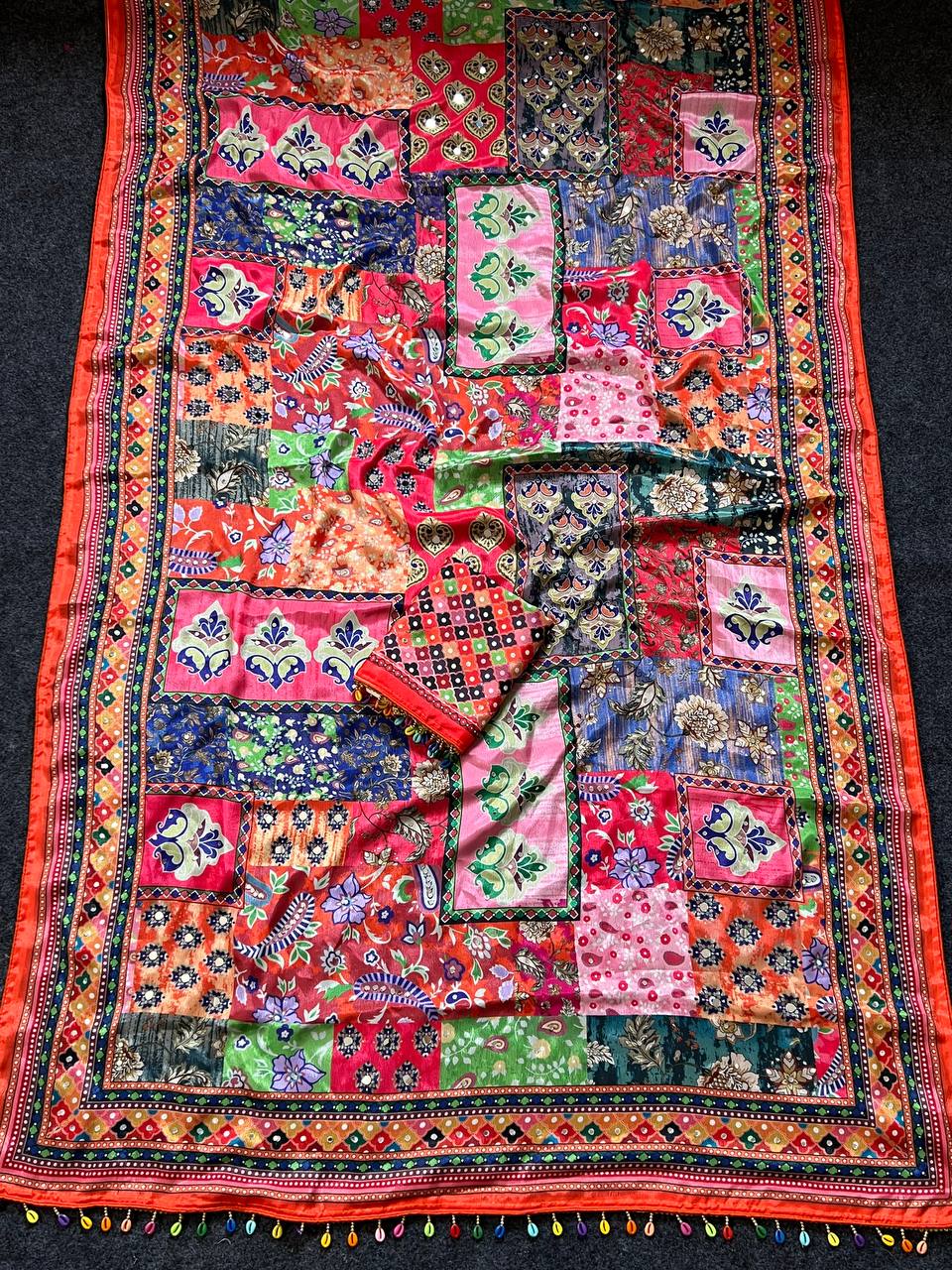 Traditional patch print roman silk saree with real mirror embellishments
