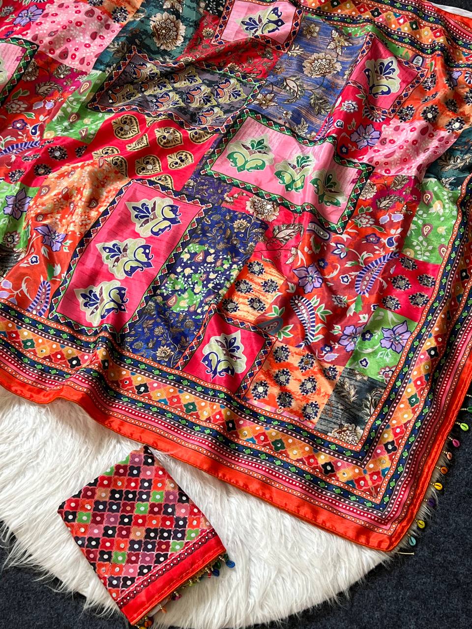 Traditional patch print roman silk saree with real mirror embellishments