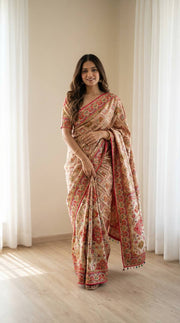 Beige ethnic saree with vibrant ajarakh print real mirrors mameraa