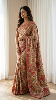 Beige ethnic saree with vibrant ajarakh print real mirrors