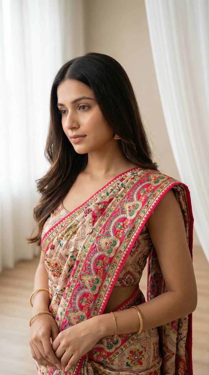Beige ethnic saree with vibrant ajarakh print real mirrors