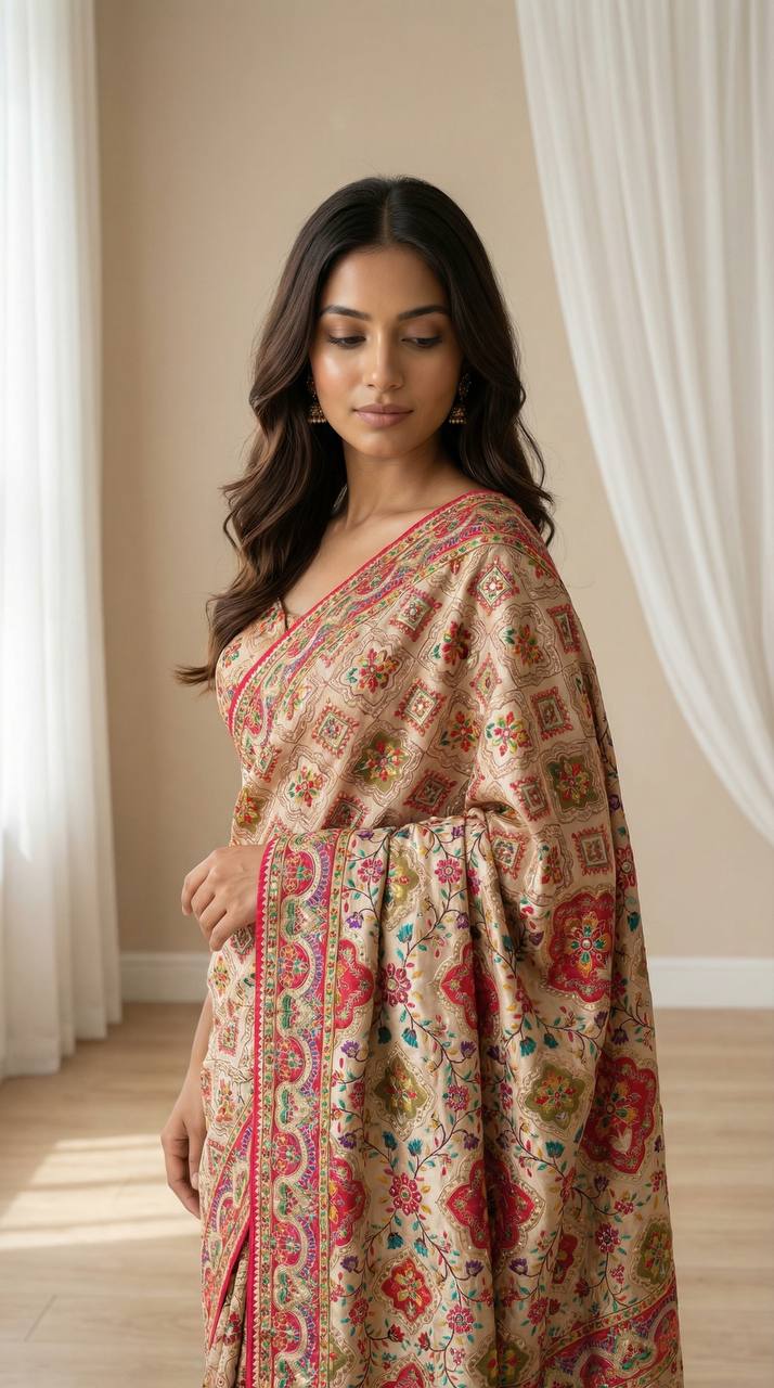 Beige ethnic saree with vibrant ajarakh print real mirrors