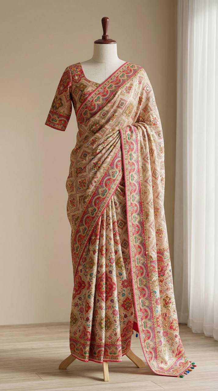 Beige ethnic saree with vibrant ajarakh print real mirrors