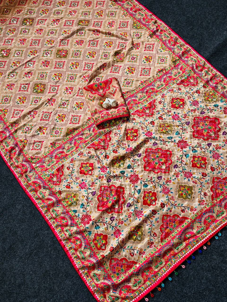 Beige ethnic saree with vibrant ajarakh print real mirrors