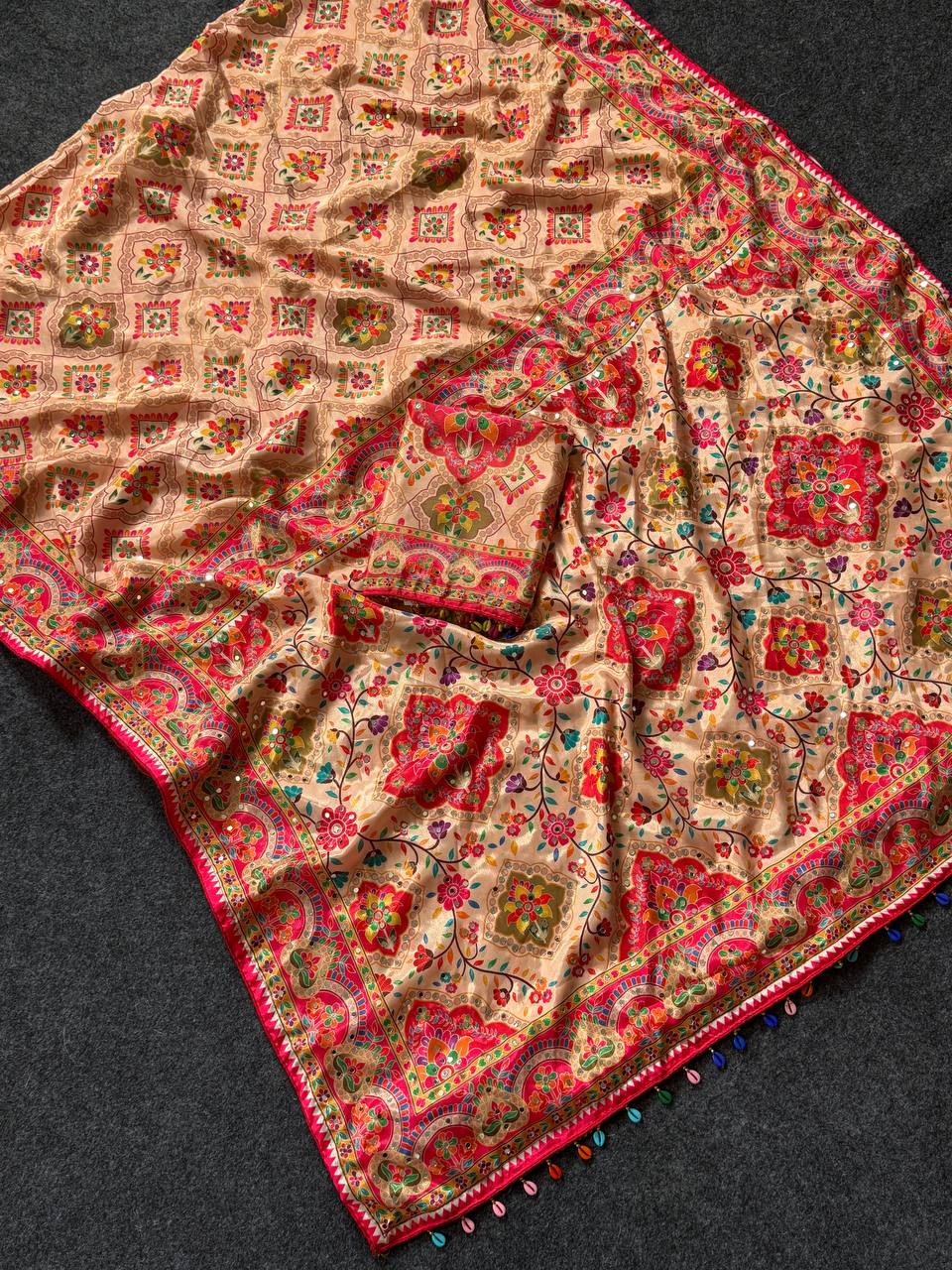 Beige ethnic saree with vibrant ajarakh print real mirrors