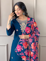 Women Teal Blue Embroidered Kurta Set with Floral Organza Dupatta