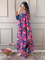Women Teal Blue Embroidered Kurta Set with Floral Organza Dupatta