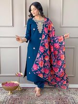 Women Teal Blue Embroidered Kurta Set with Floral Organza Dupatta
