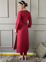 Women Red Embroidered Kurta Set with Floral Organza Dupatta