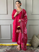 Women Red Embroidered Kurta Set with Floral Organza Dupatta