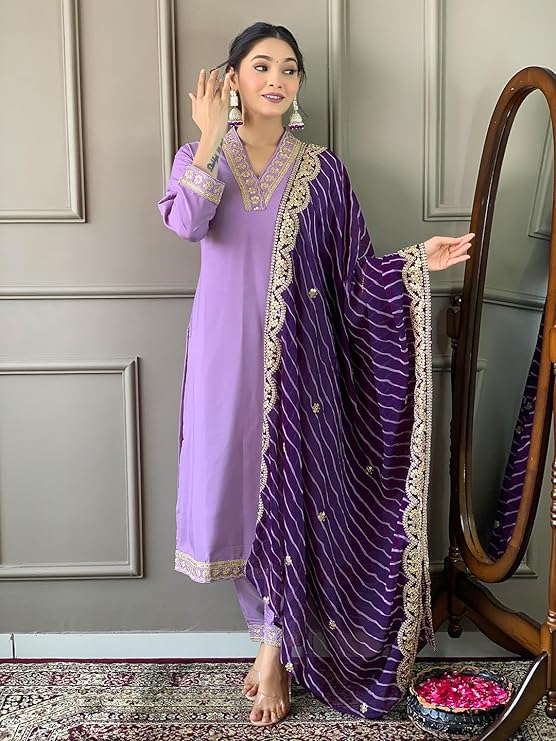 Women Lavender Embroidered Kurta Set with Purple Leheriya Dupatta