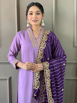 Women Lavender Embroidered Kurta Set with Purple Leheriya Dupatta
