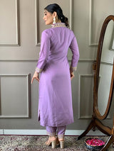 Women Lavender Embroidered Kurta Set with Purple Leheriya Dupatta