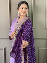 Women Lavender Embroidered Kurta Set with Purple Leheriya Dupatta