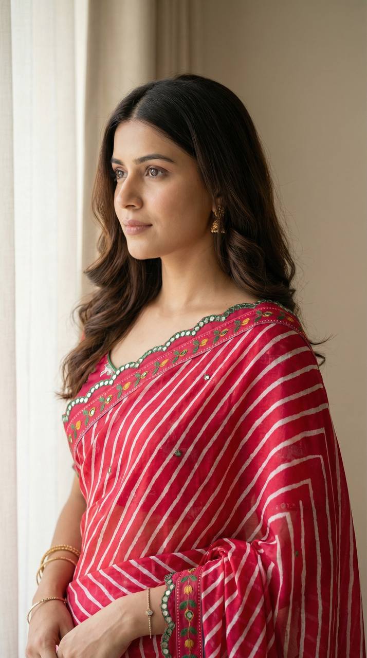 Red leheriya chinon saree with gopi kana print rich mirror work
