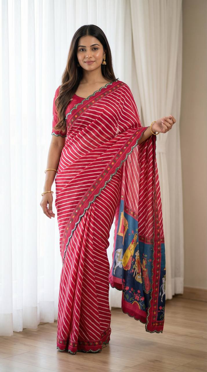 Red leheriya chinon saree with gopi kana print rich mirror work