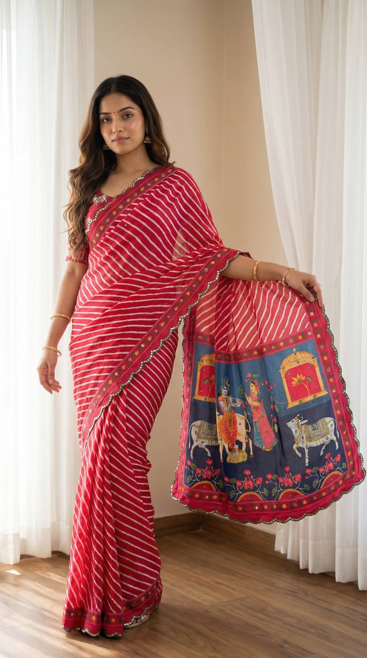 Red leheriya chinon saree with gopi kana print rich mirror work