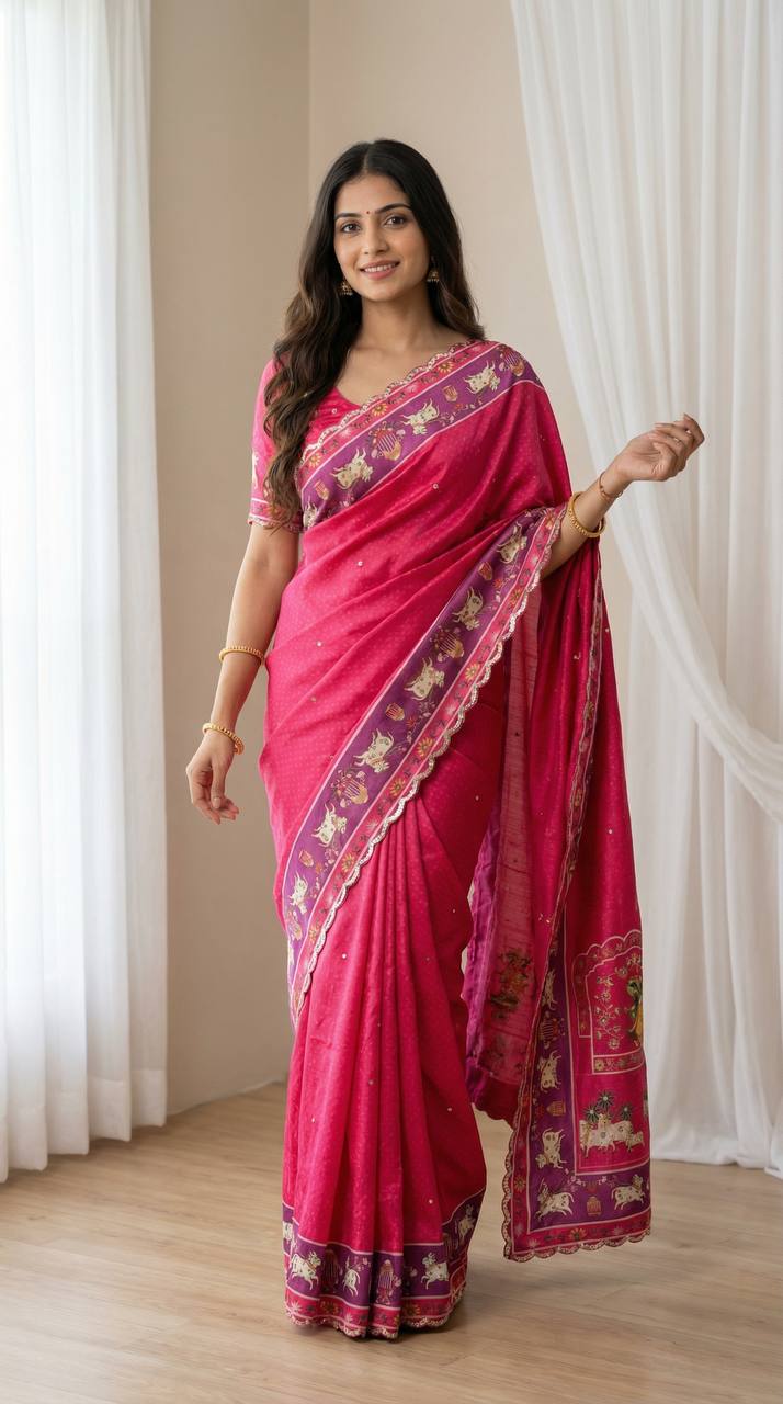 Royal pink aari mirror foil work printed chinon saree with running blouse mameraa