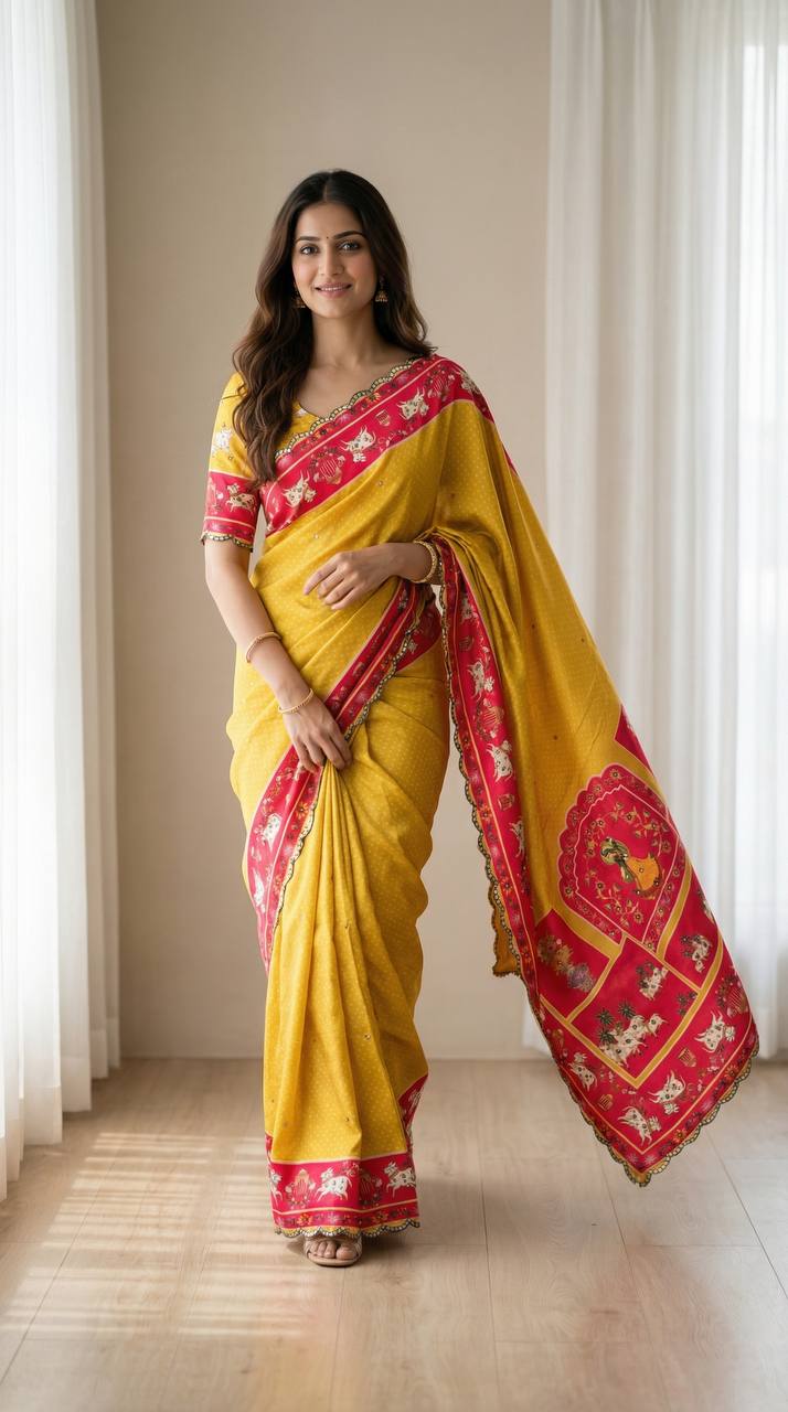 Mustard yellow chinon saree with pichwai print mirror work border mameraa