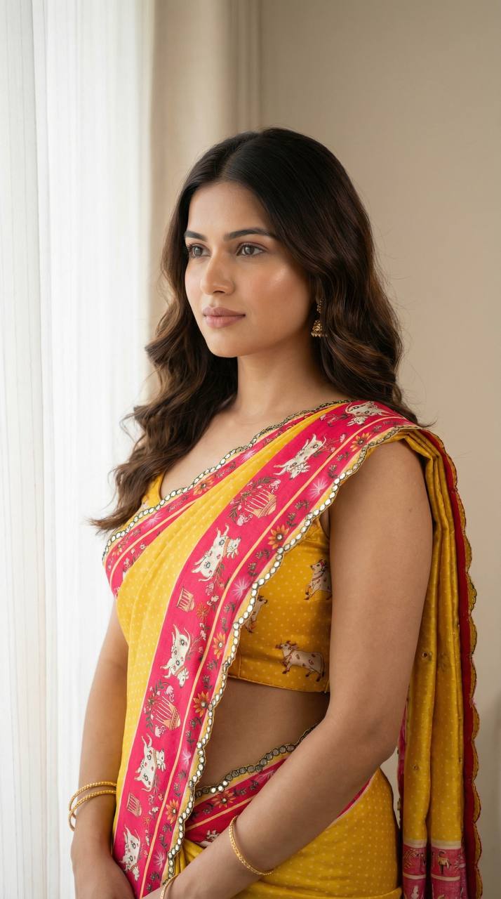 Mustard yellow chinon saree with pichwai print mirror work border